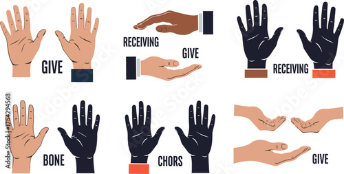 Diverse Hands Giving, Receiving, and Cupping Gestures Vector Illustration Set