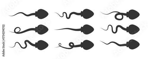 Set of sperm silhouettes. Fertilization, biology, reproductive health. Vector illustration.