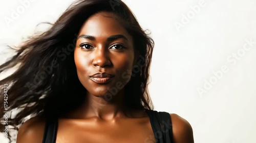 Video of happy smiling afro american beautiful woman model with perfect dark hair blowing by wind.Slow motion zoom out.AI Generative.