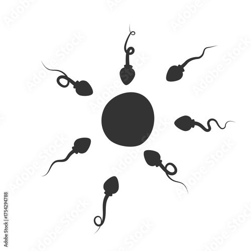 Sperm moving towards the egg cell. Reproduction, biology, fertilization concept. Vector illustration.