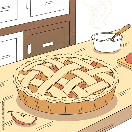 Delicious golden baked apple pie with lattice crust evokes comfort and homemade goodness