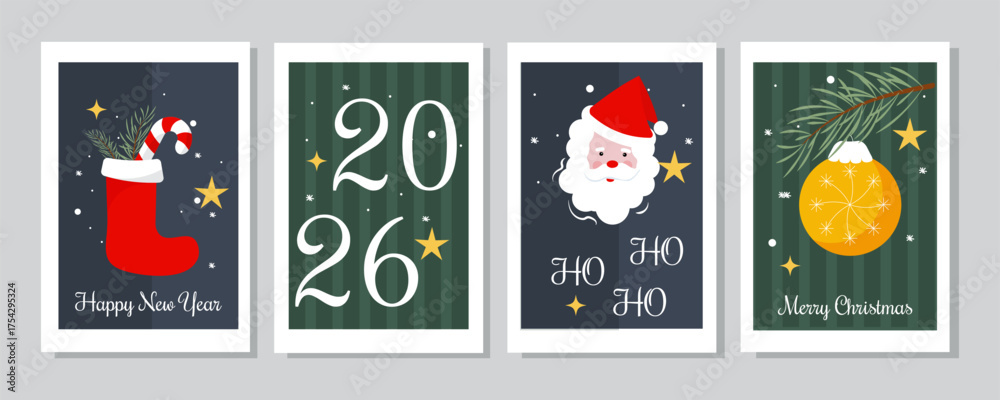 Fototapeta premium Set of vertical greeting cards with Merry Christmas and Happy New Year 2026. Vector illustration.