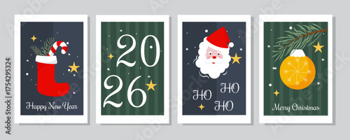 Set of vertical greeting cards with Merry Christmas and Happy New Year 2026. Vector illustration.