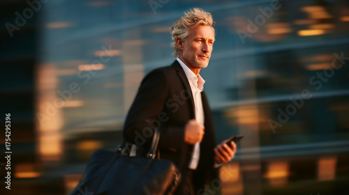 A middle-aged Caucasian man with blond hair is running while holding a smartphone and a large bag. The background features a modern office building with blurred lights.