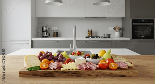 A vibrant charcuterie board laden with fruits, cheeses, and meats, in a modern kitchen setting