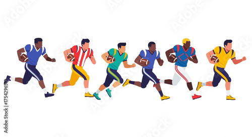 Football players in action A vibrant illustration of athletes running with the ball on a white background