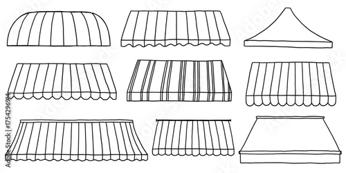 Canopy Awning Shop Roof Doodle Set. Black and White Stripe Tent Store Collection. Vector Illustration