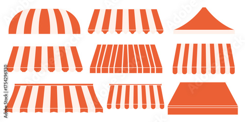 Canopy Awning Shop Roof Flat Set. Red and White Stripe Tent Store Collection. Vector Illustration