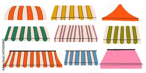 Canopy Awning Shop Roof Hand Drawn Set. Colorful Stripe Tent Store Collection. Vector Illustration