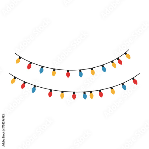 Colorful holiday lights on string wires for festive decorations. Christmas and New year celebration vector illustration. Decor for back yard and porch
