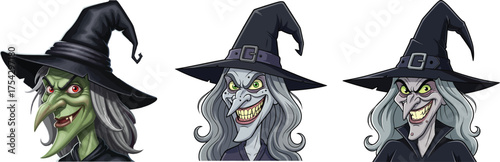 Creepy ugly witch character spooky halloween cartoon illustration with pointy hat old magic evil sorceress design