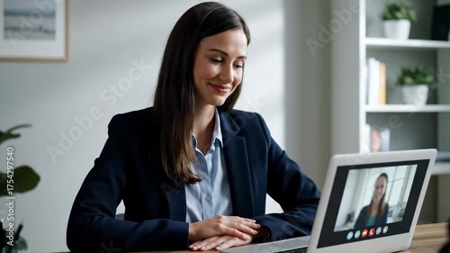 A woman in a suit smiles, participating in a video conference on a laptop. A bookcase is in the background
