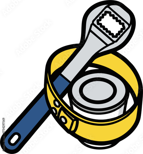 Cartoon Illustration of a Wrench and Tape Measure, Tools for Repair and Construction.
