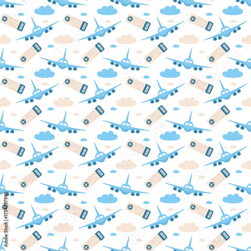 Flight ticket with plane and clouds seamless pattern for trip merchandise and packaging