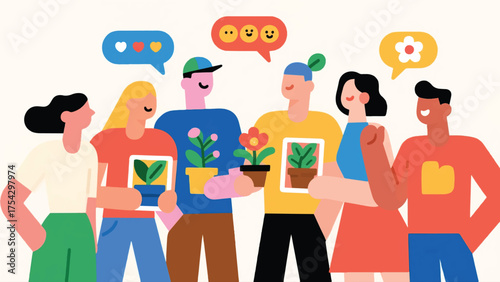 Illustration Of A Group Of People Who Love Gardening Are Sharing Tips And Photos Of Their Plants Vector Design Template