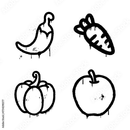 Black spray paint graffiti icons of chili, carrot, pumpkin, and apple on white background