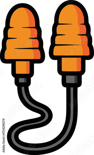Cartoon Illustration of Orange Earplugs Connected by a Black Cord