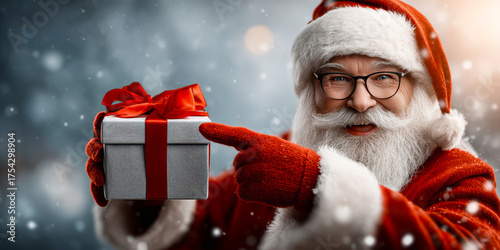 Santa Claus with glasses and a white beard wears a red suit. He holds a gift box with a red ribbon, surrounded by falling snow.