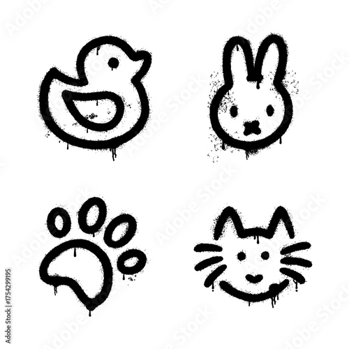 Playful graffiti stencil icons of cute duck, bunny, cat, and paw print design