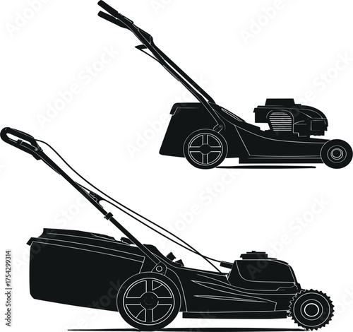 Lawn Mower Silhouette Vector Illustration on White Background