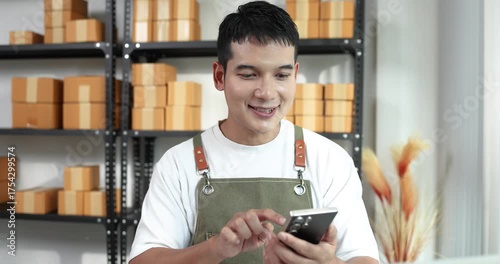 A confident online entrepreneur managing customer orders and digital marketing for his e-commerce business, symbolizing innovation, technology, and customer service excellence in modern trade.