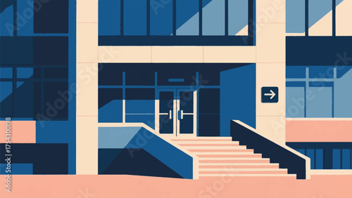 Illustration Of A Modern Office Building Entrance With A Wide Ramp, Automatic Doors, And Clear Directional Signage Vector Design Template