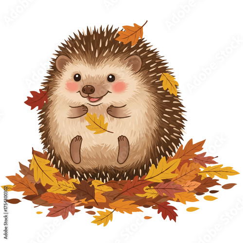 A funny hedgehog playfully rolls in vibrant autumn leaves, colorful foliage adorning its quills, in a cheerful flat 2D vector illustration on white.