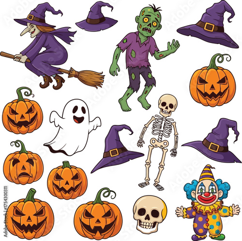 Fun halloween elements pack with witch zombie pumpkins ghost skeleton skull and creepy clown designs