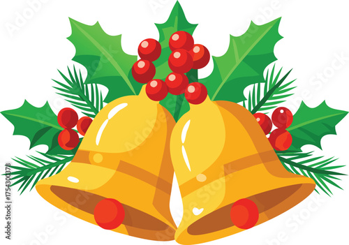 Two gleaming golden christmas bells with holly and pine sprigs festive vector art