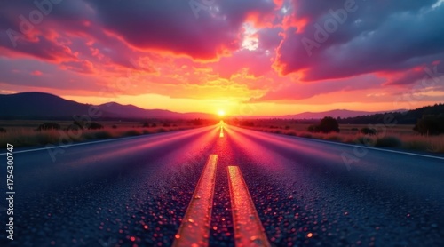 A long asphalt path extends toward the captivating horizon as a dramatic sun paints the evening sky with spectacular shades of fiery orange and radiant red, creating a picturesque natural scene.