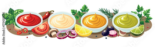 A variety of sauces with spices, herbs and ingredients. Vector illustration