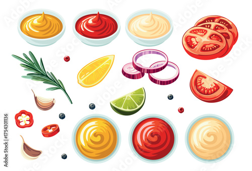 A set of sauces with aromatic spices, herbs and vegetables. Vector illustration