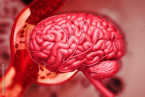 Tableau sur toile Human brain anatomy with clogged artery. 3d illustration