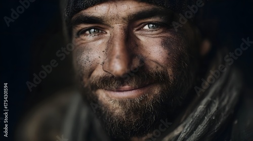 A close up  portrait of a man with a dusty weathered face and a proud smile embodying resilience and human dignity