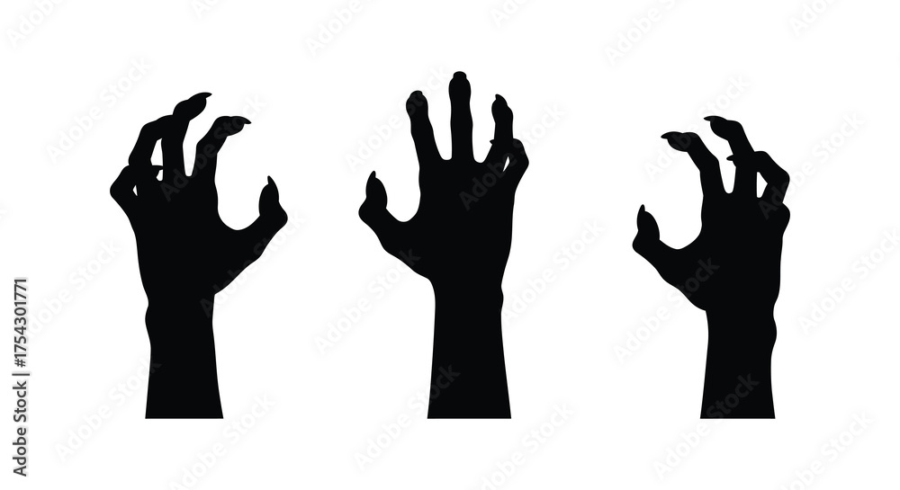 Obraz premium Three spooky black silhouette hands reaching upward with sharp claws on a white background silhouette