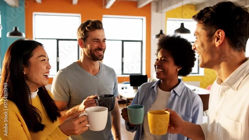 Group of diverse people in an office setting smiling and holding mugs, enjoying a break