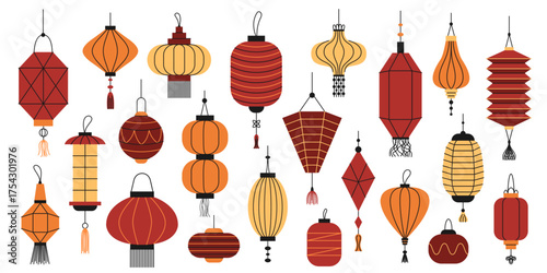 Traditional Chinese or Japanese lanterns. Set of paper lanterns of different shapes for holiday celebration, New Year, festival decoration. Vector illustration.