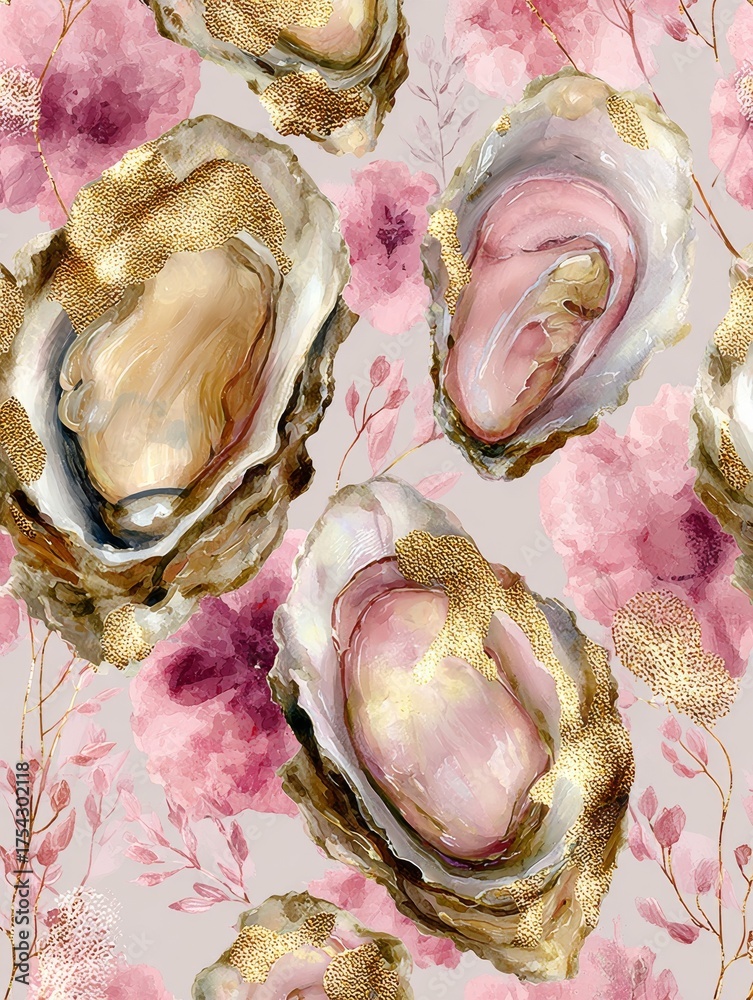 Obraz premium Luxury Oyster Pearl and Seashell Pattern with Pink Flowers and Gold Texture. Elegant and luxurious seamless pattern featuring open oysters with pearls, soft pink seashells, delicate flowers.
