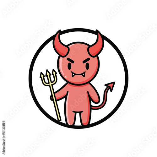 Cute Red Devil Cartoon Character with Trident, Horns, and Tail - Vector Icon