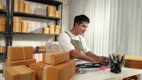 An online store owner preparing product packages for delivery, representing the growing e-commerce trend, small business management, and efficiency in online retail logistics.