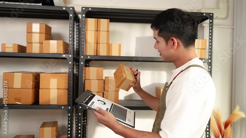 An online store owner preparing product packages for delivery, representing the growing e-commerce trend, small business management, and efficiency in online retail logistics.