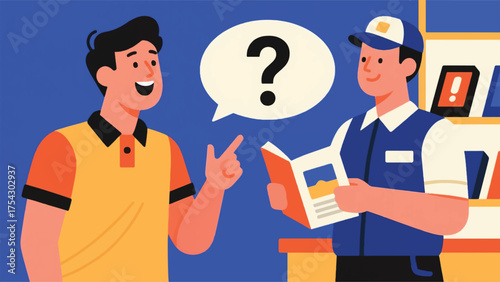 Illustration Of A Potential Customer, Looking Curious And Excited, Is Asking A Salesperson About A Product's Features Vector Design Template