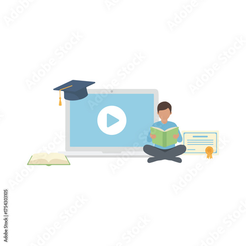 Online Education Vector Illustration – Laptop, Graduation Cap, and Student