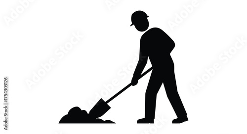 A construction worker in silhouette digging with a shovel on a white background silhouette