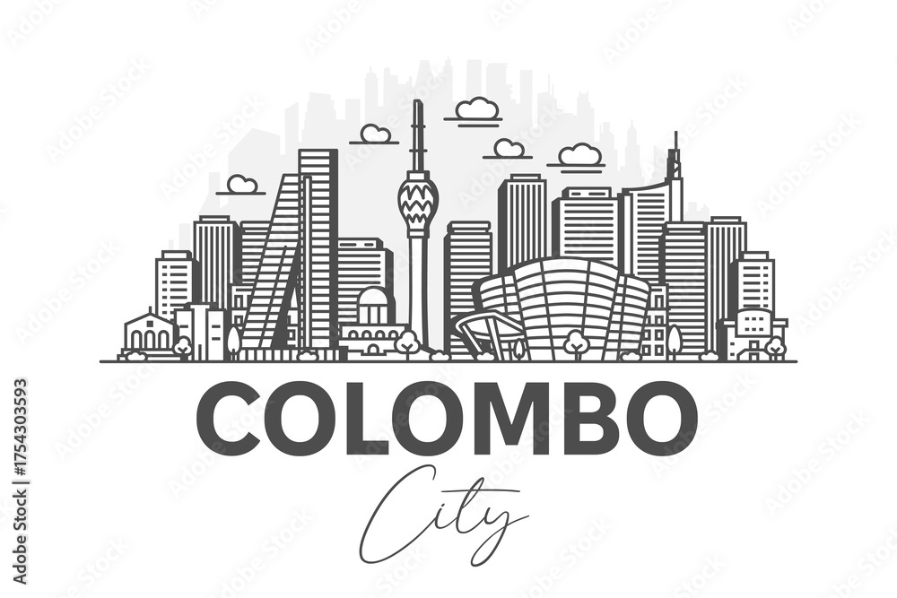 Obraz premium Colombo, Sri Lanka architecture line skyline illustration with shadows. Linear vector cityscape with famous landmarks, city sights, design icons.