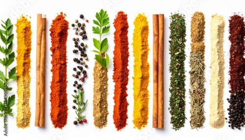 Colorful rows of spices and herbs arranged neatly on a white background, showcasing a vibrant mix of powders, peppercorns, and dried greens for cooking and seasoning.
