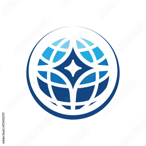 The image shows a flat logo design of a globe with a star on the middle in blue color on a white background