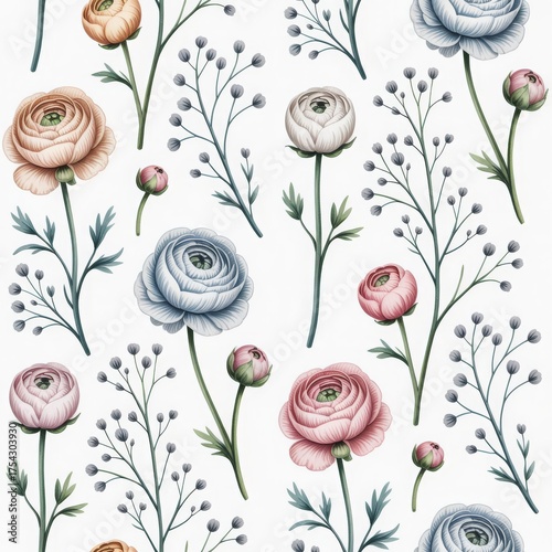 Seamless ranunculus floral pattern with pink, blue and yellow flowers on white background. Elegant botanical repeat for textiles, packaging or surface design.