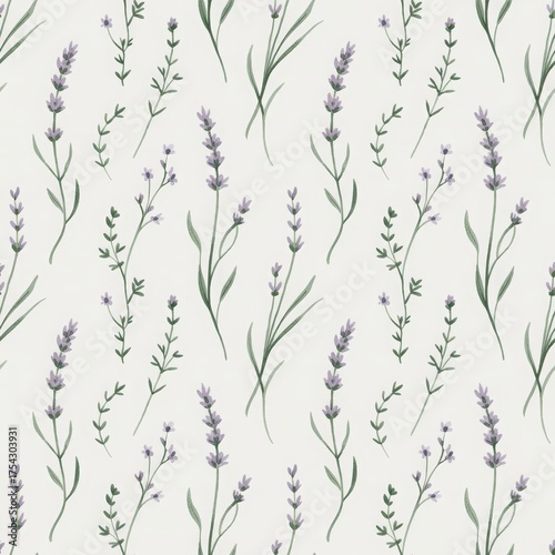 Seamless lavender sprig pattern with green stems and purple flowers on light background. Elegant botanical design for textiles, packaging or surface decor.