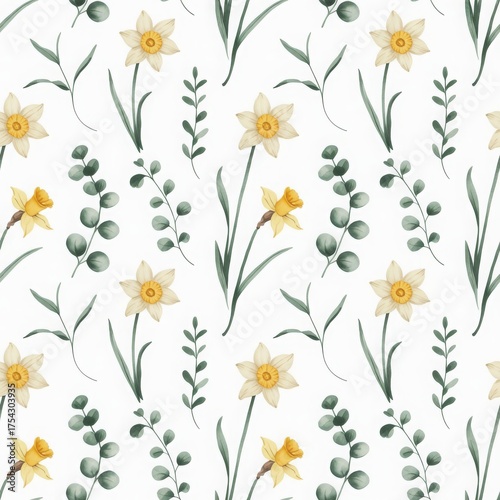 Seamless daffodil floral pattern with green leaves on white background. Elegant spring botanical design for textiles, packaging or surface decor.